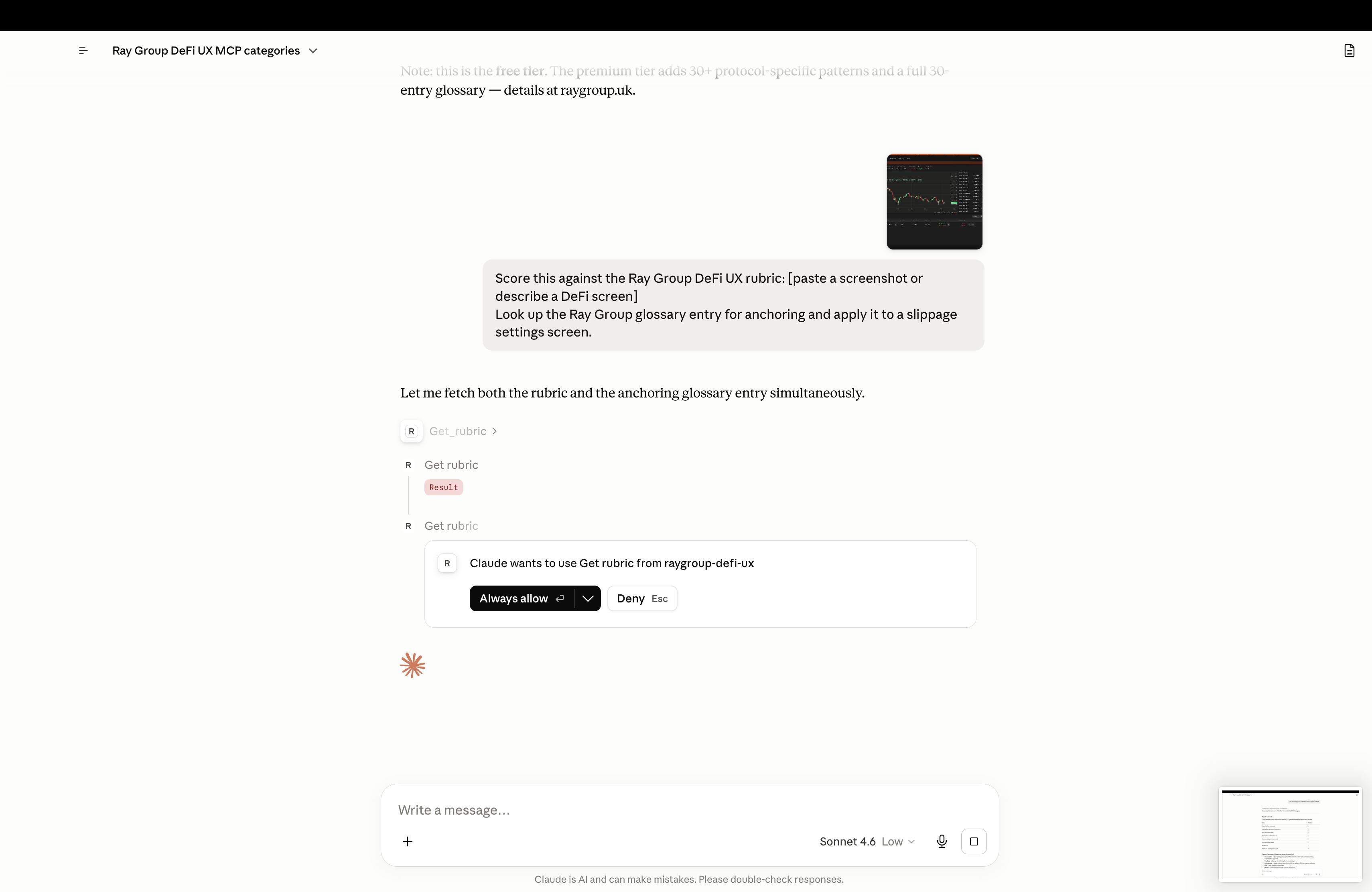 Claude receives a screenshot of a DeFi screen and the prompt 'Score this against the Ray Group DeFi UX rubric'. The MCP permission prompt 'Claude wants to use Get rubric from raygroup-defi-ux' is showing.