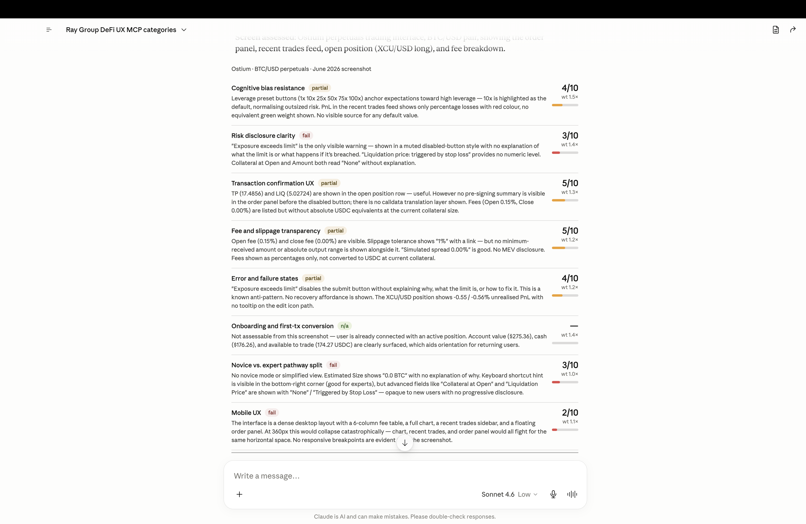 The scored audit output — every rubric area scored out of 10 with a status pill, weight, and written finding.